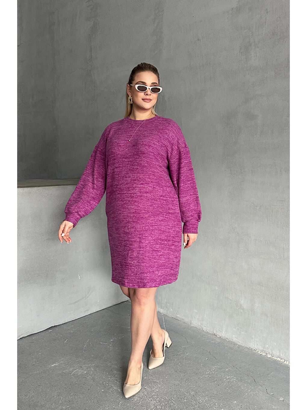 Mor Büyük Beden Uzun Kollu Bisiklet Yaka Kırçıllı Elbise 303704