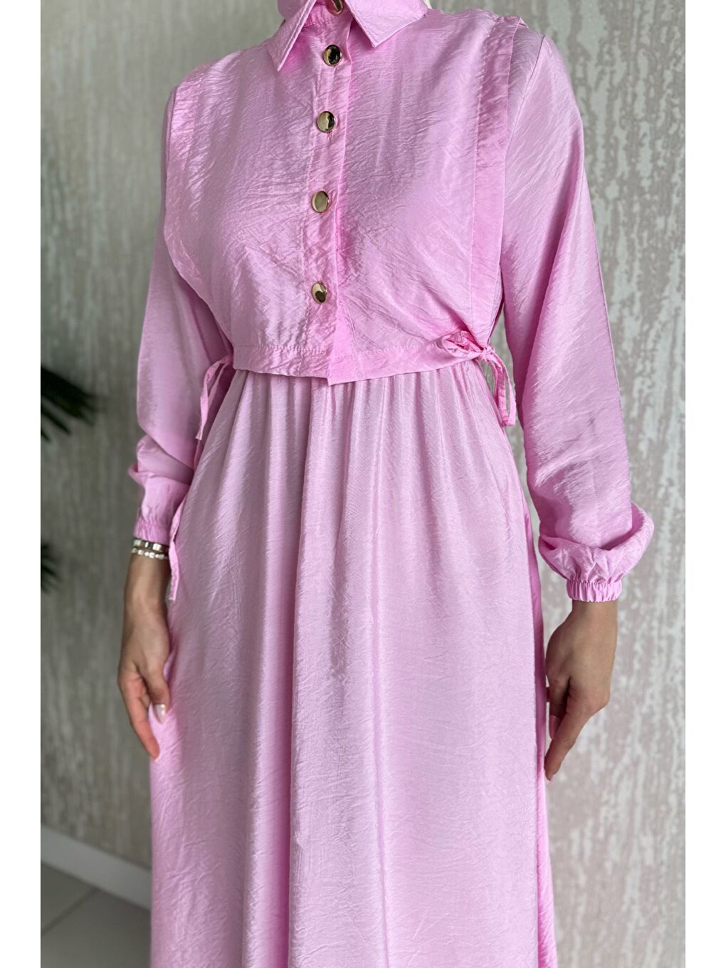 Pembe Yan Bağlamalı Bluz Kombinli Tesettür Elbise-5