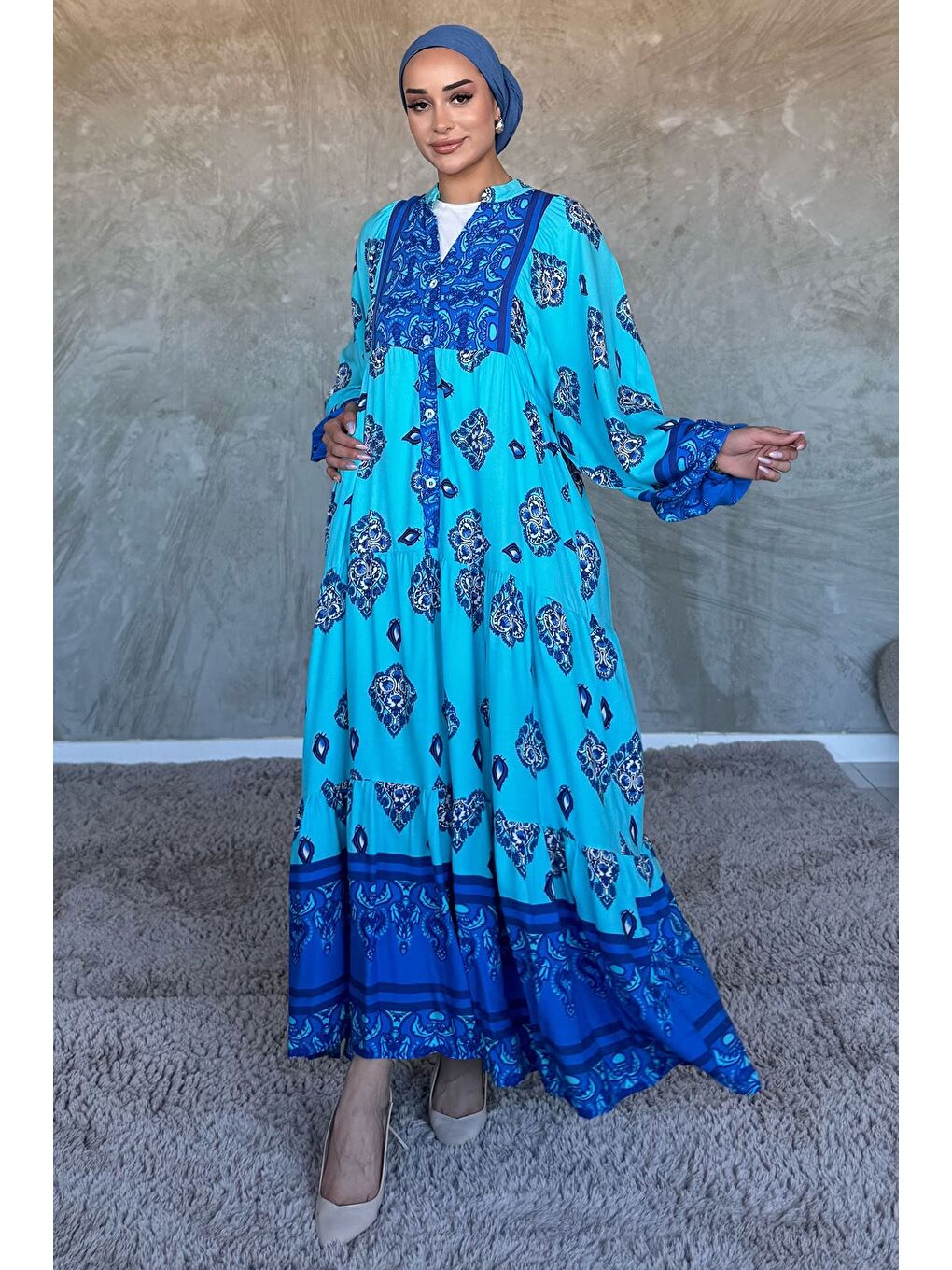 Mavi Kadın Ön Düğme Detaylı Desenli Tesettür Elbise-3