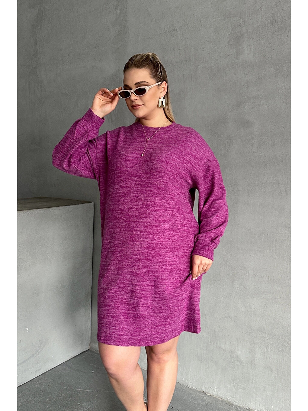 Mor Büyük Beden Uzun Kollu Bisiklet Yaka Kırçıllı Elbise 303704-1