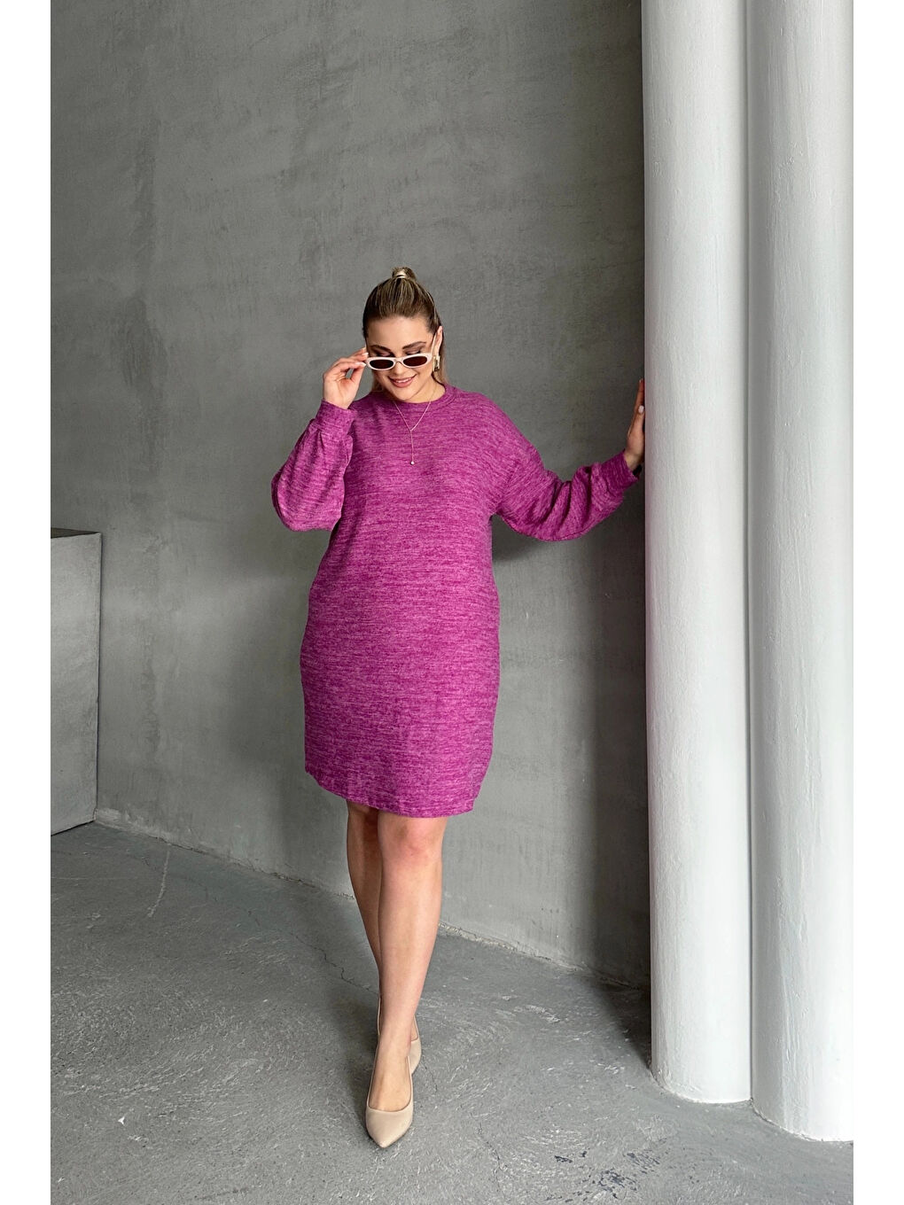 Mor Büyük Beden Uzun Kollu Bisiklet Yaka Kırçıllı Elbise 303704-3