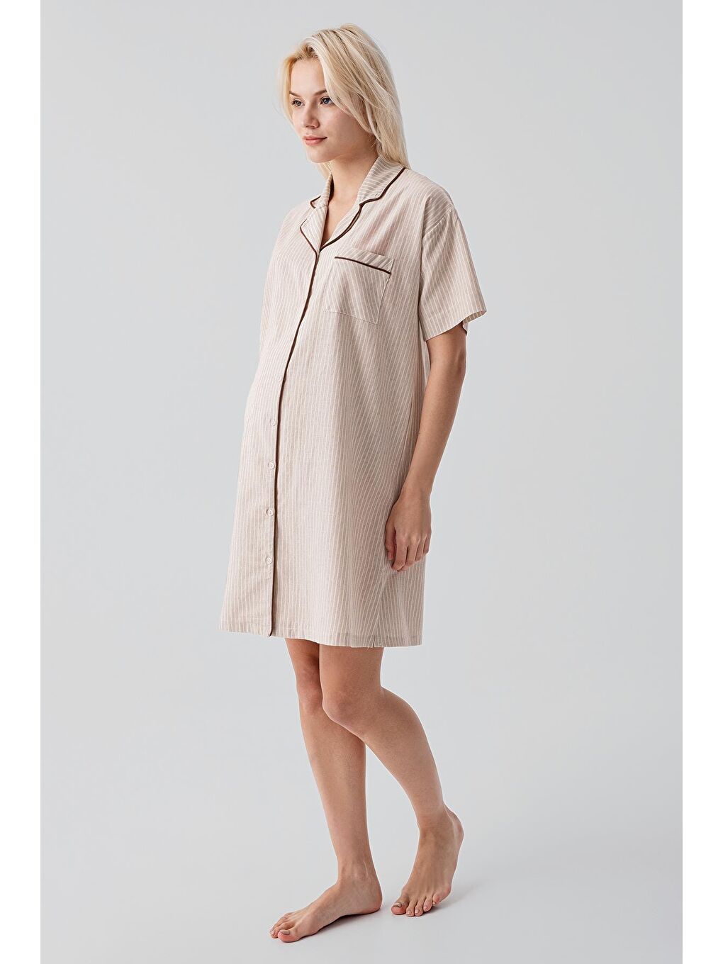 Bej Kısa Kollu Çizgili Düğmeli Dokuma %100 Pamuk Pamuk Gecelik 19108-7