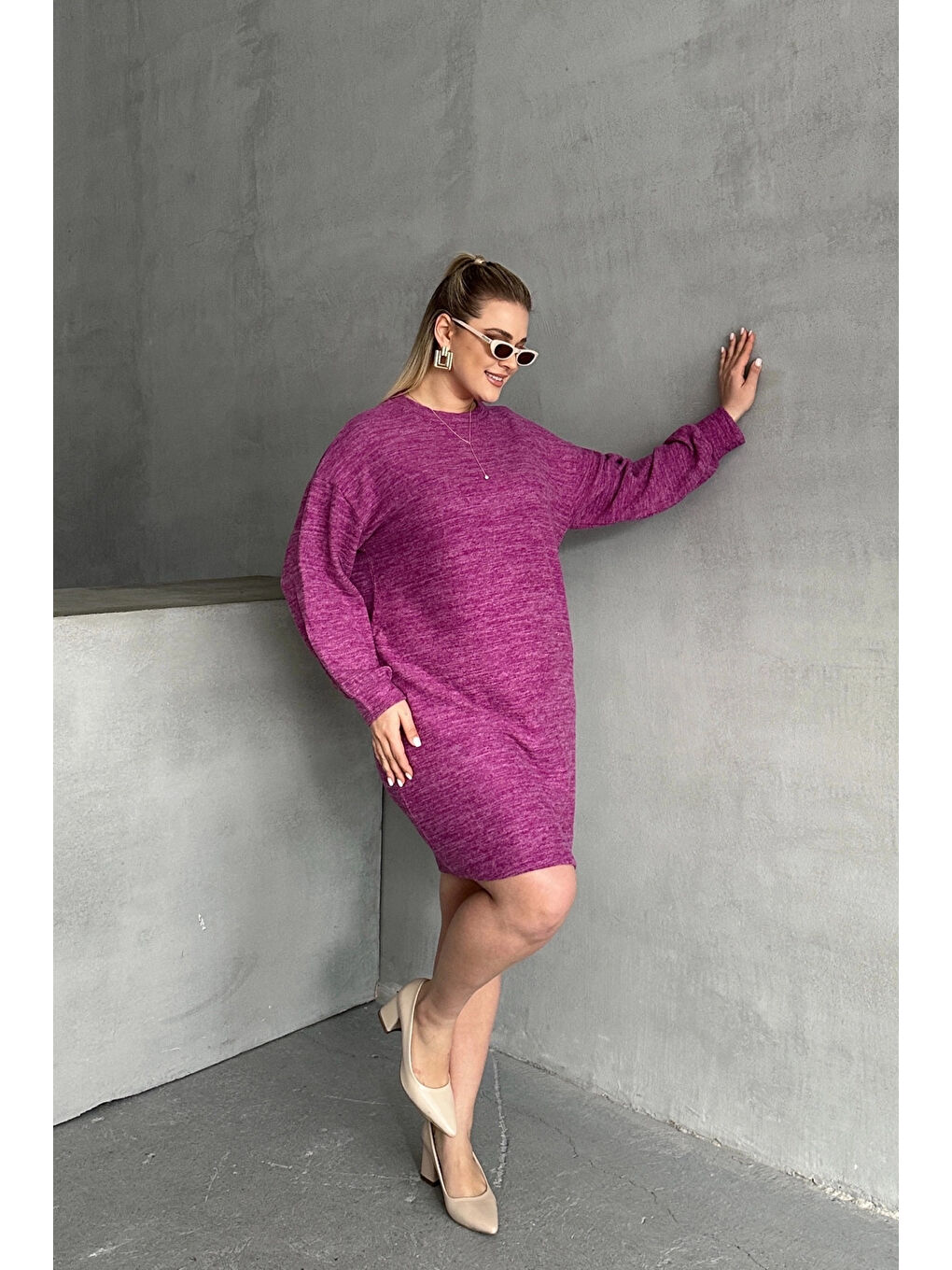 Mor Büyük Beden Uzun Kollu Bisiklet Yaka Kırçıllı Elbise 303704-4
