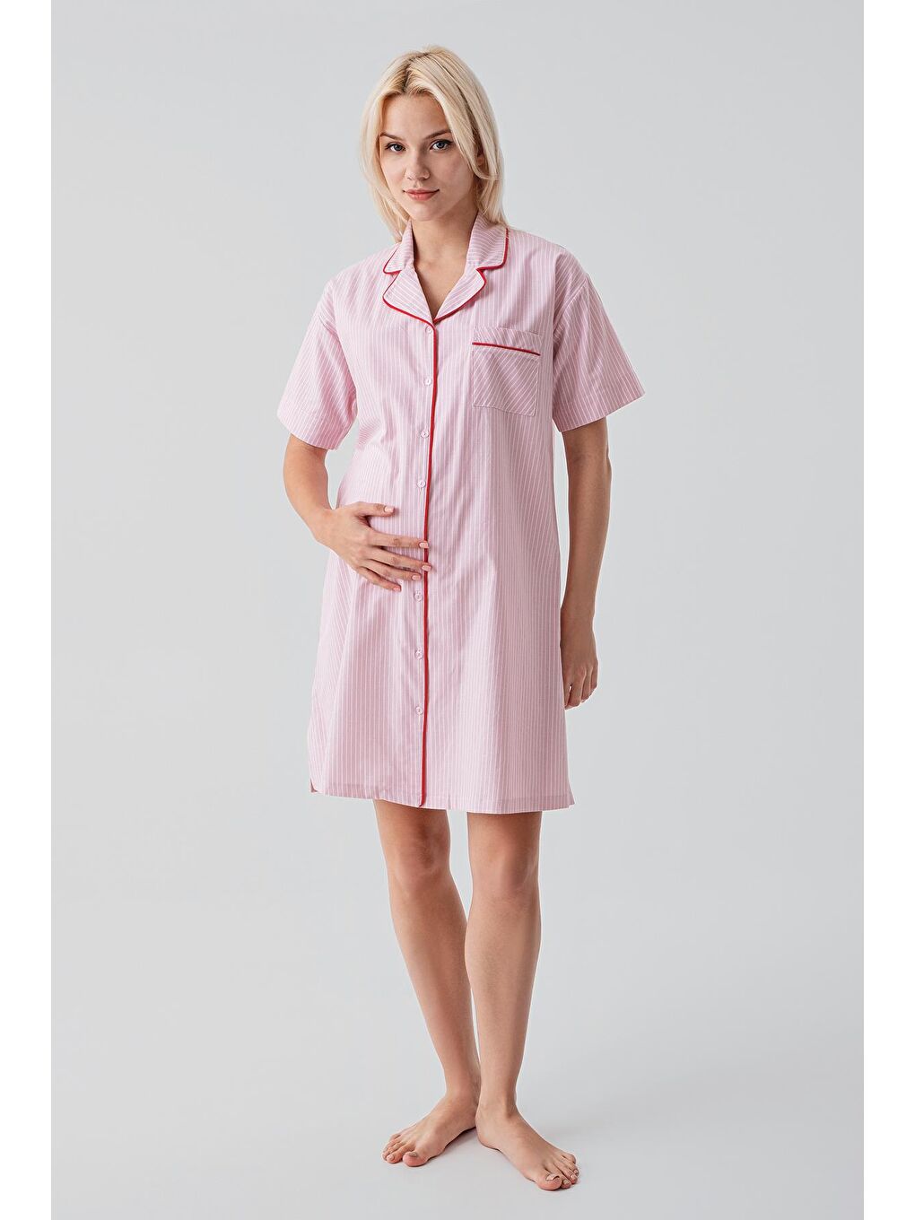 Pembe Kısa Kollu Çizgili Düğmeli Dokuma %100 Pamuk Pamuk Gecelik 19108-1