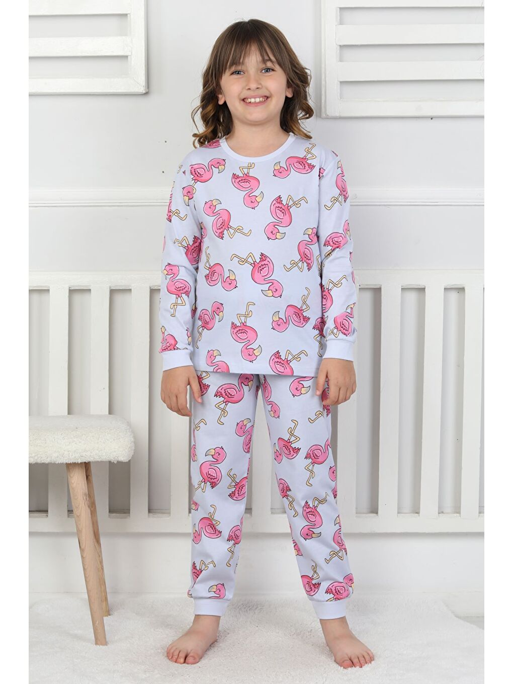 Mavi Cute Flamingo Desenli Kız Çocuk Pijama Takımı