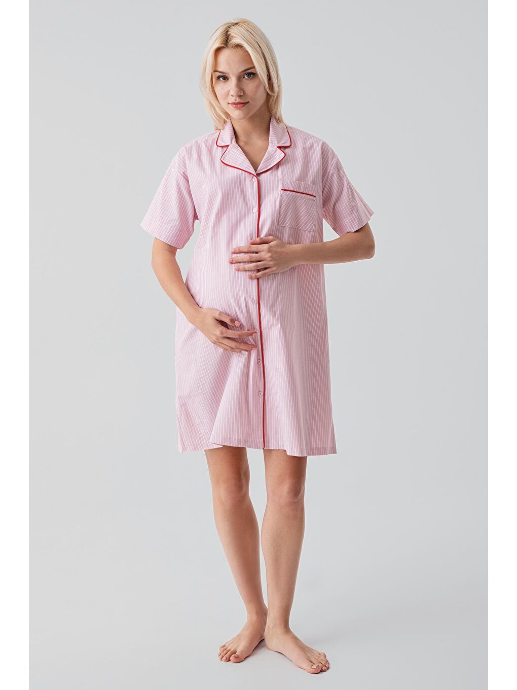 Pembe Kısa Kollu Çizgili Düğmeli Dokuma %100 Pamuk Pamuk Gecelik 19108-2