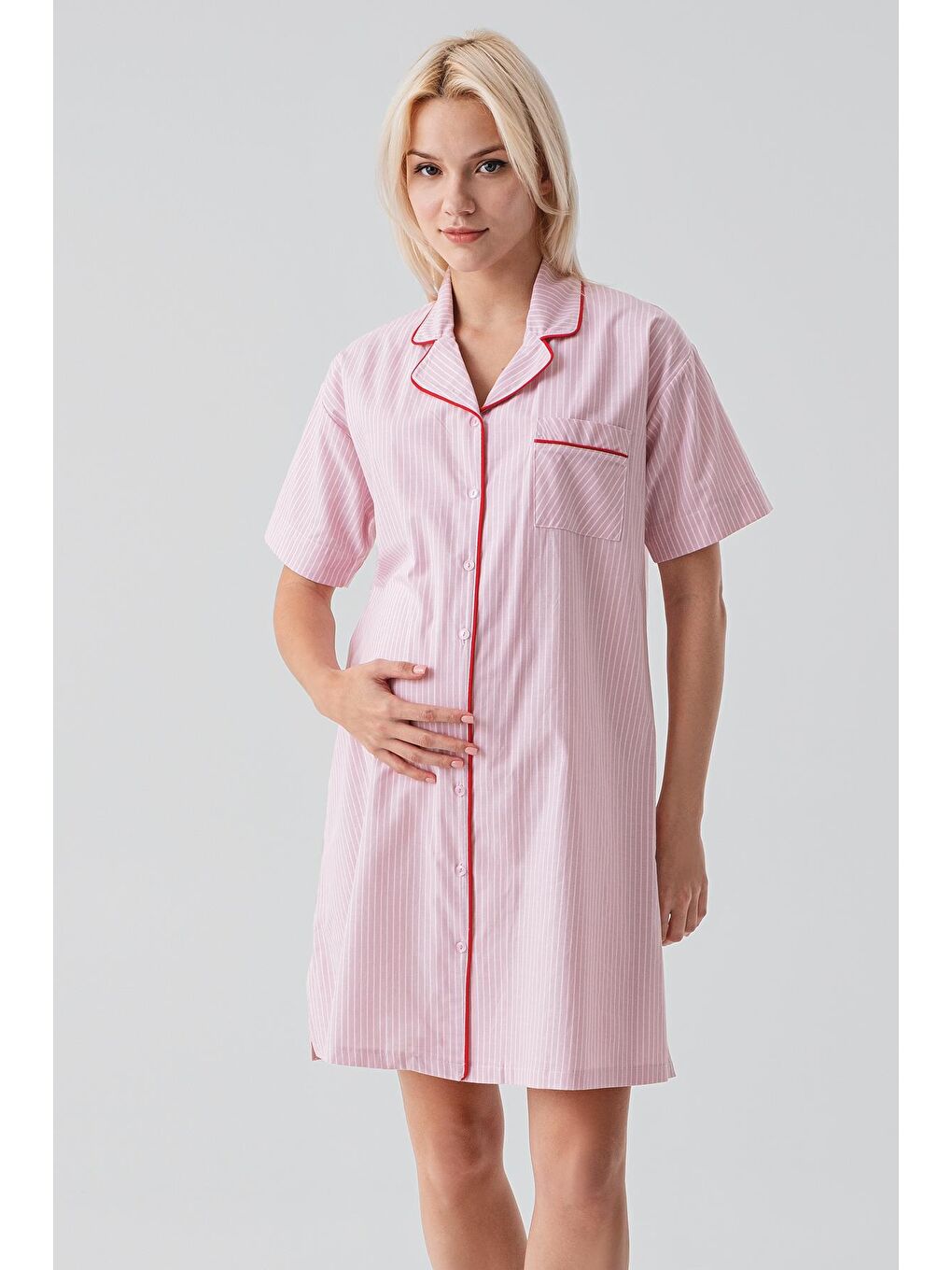 Pembe Kısa Kollu Çizgili Düğmeli Dokuma %100 Pamuk Pamuk Gecelik 19108-3