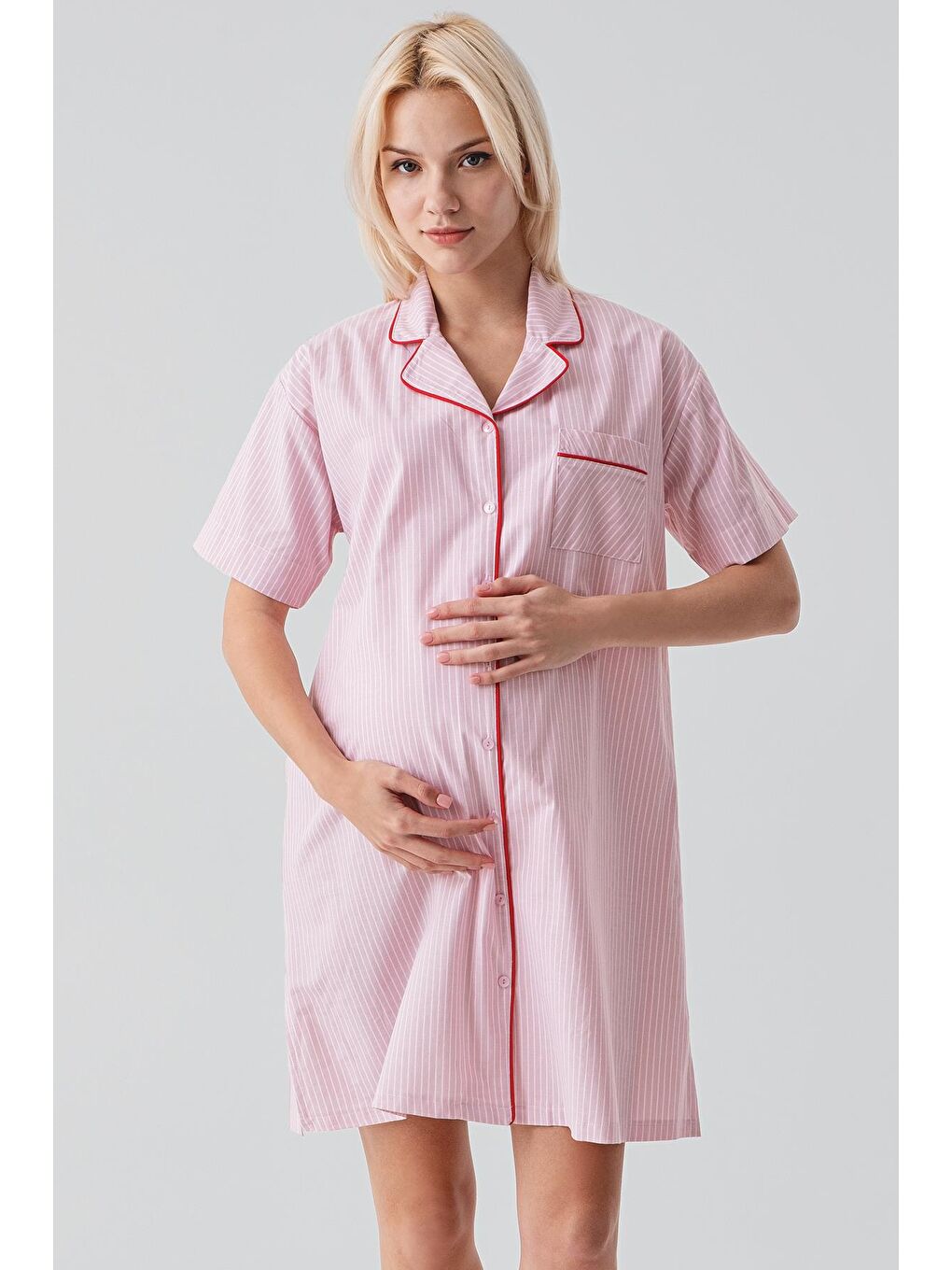 Pembe Kısa Kollu Çizgili Düğmeli Dokuma %100 Pamuk Pamuk Gecelik 19108-4