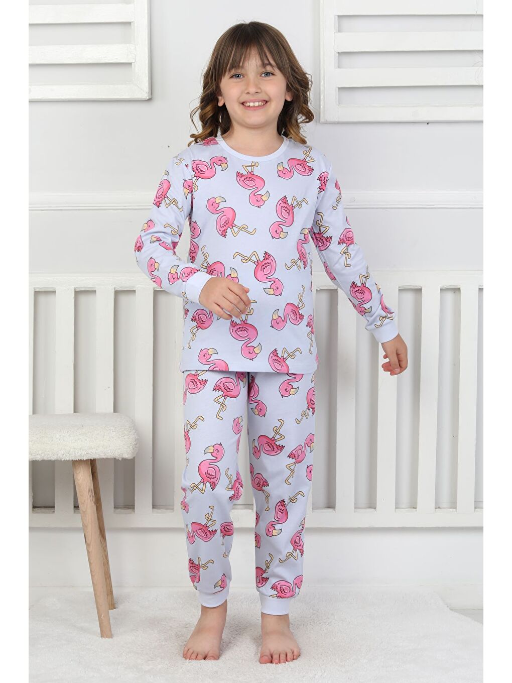 Mavi Cute Flamingo Desenli Kız Çocuk Pijama Takımı-2