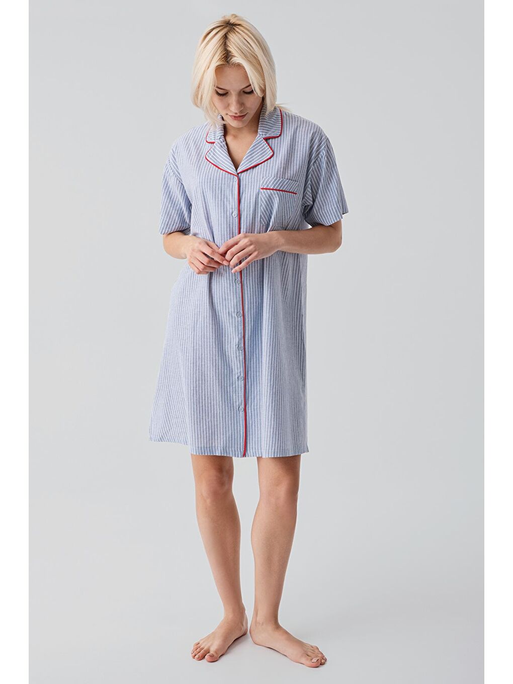 Mavi Kısa Kollu Çizgili Düğmeli Dokuma %100 Pamuk Pamuk Gecelik 19108-1