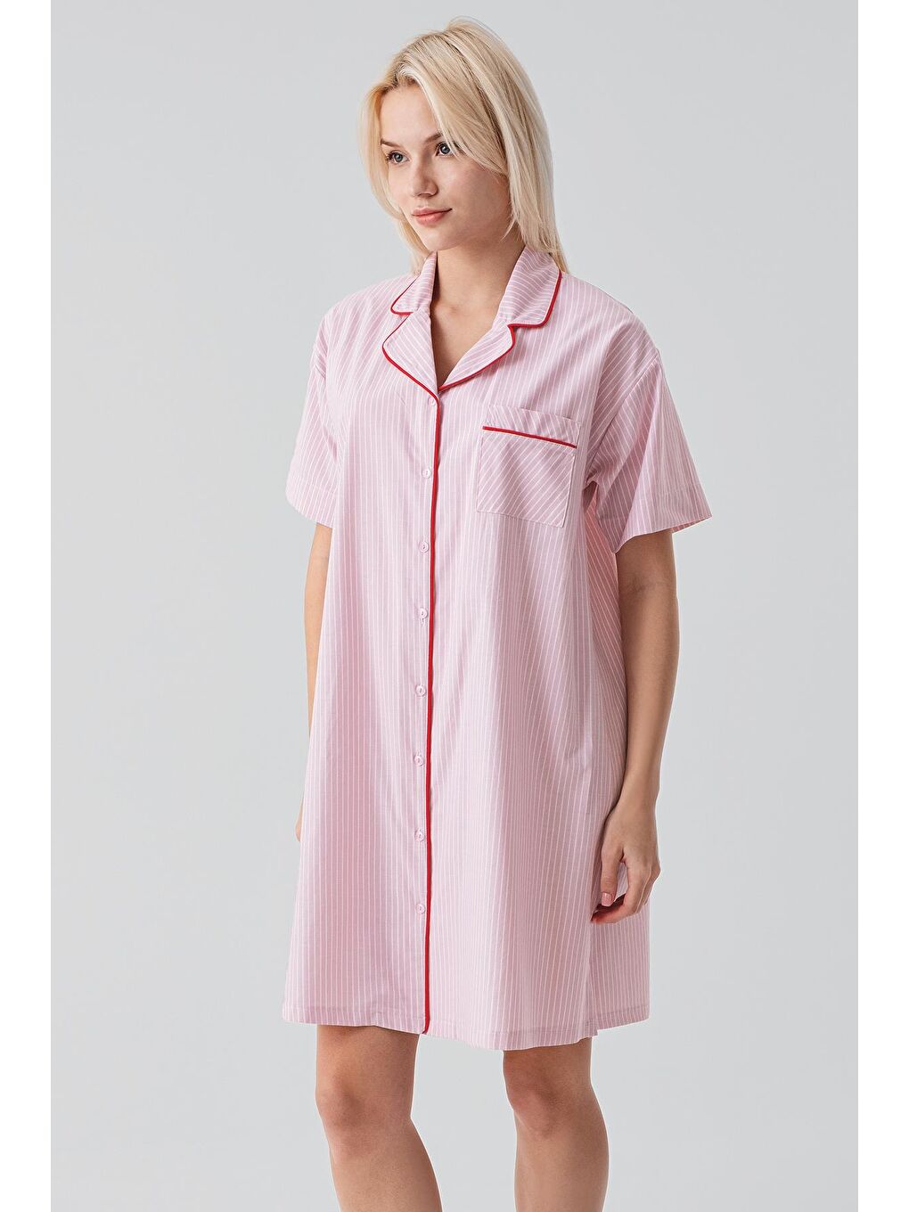 Pembe Kısa Kollu Çizgili Düğmeli Dokuma %100 Pamuk Pamuk Gecelik 19108-5