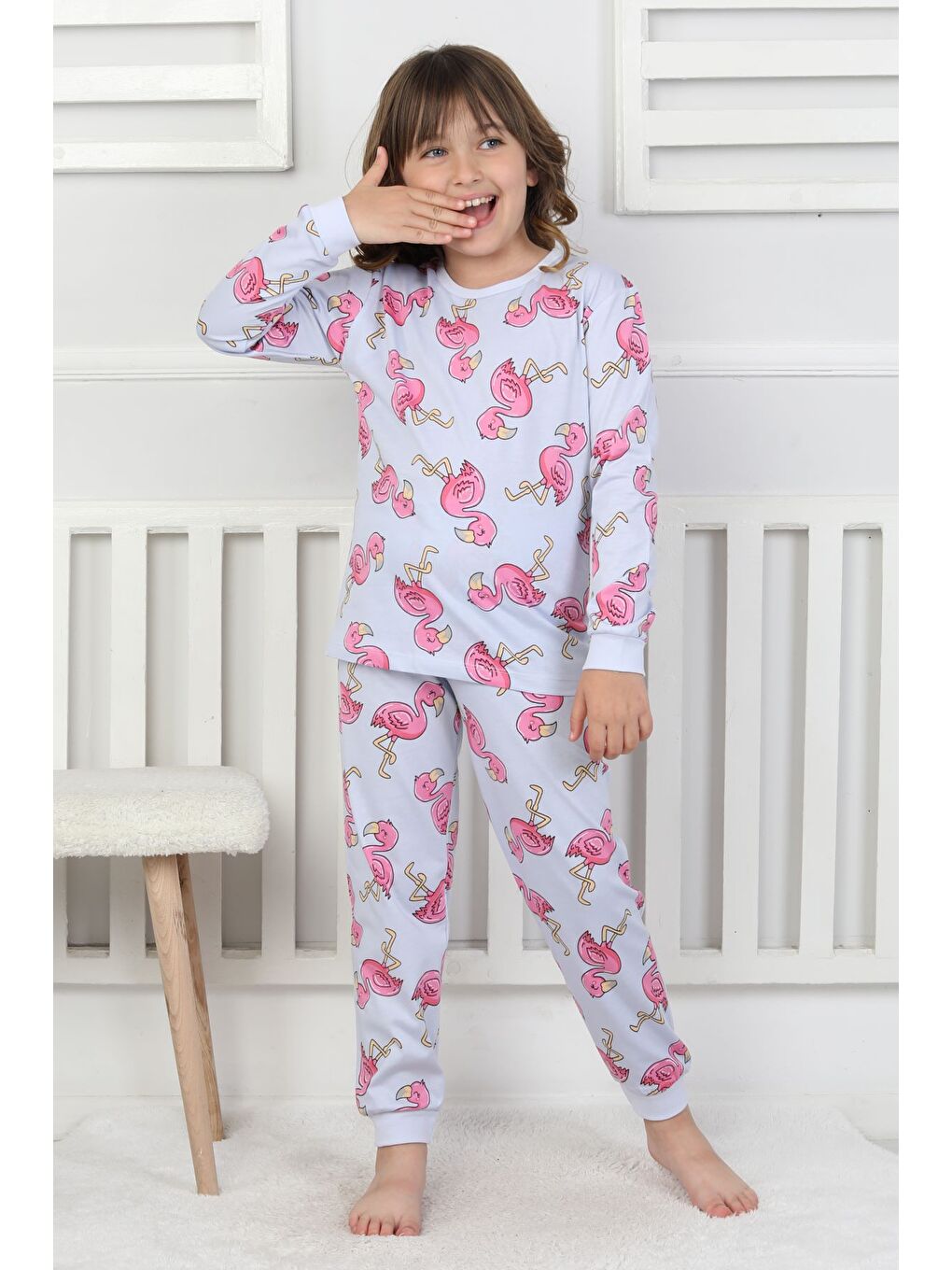 Mavi Cute Flamingo Desenli Kız Çocuk Pijama Takımı-3