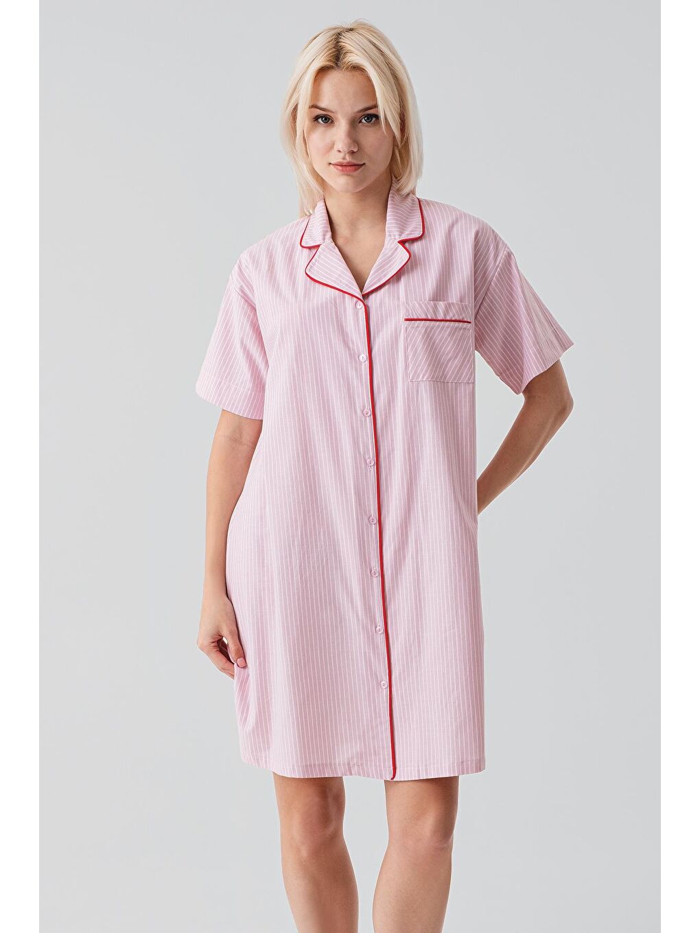 Pembe Kısa Kollu Çizgili Düğmeli Dokuma %100 Pamuk Pamuk Gecelik 19108-6