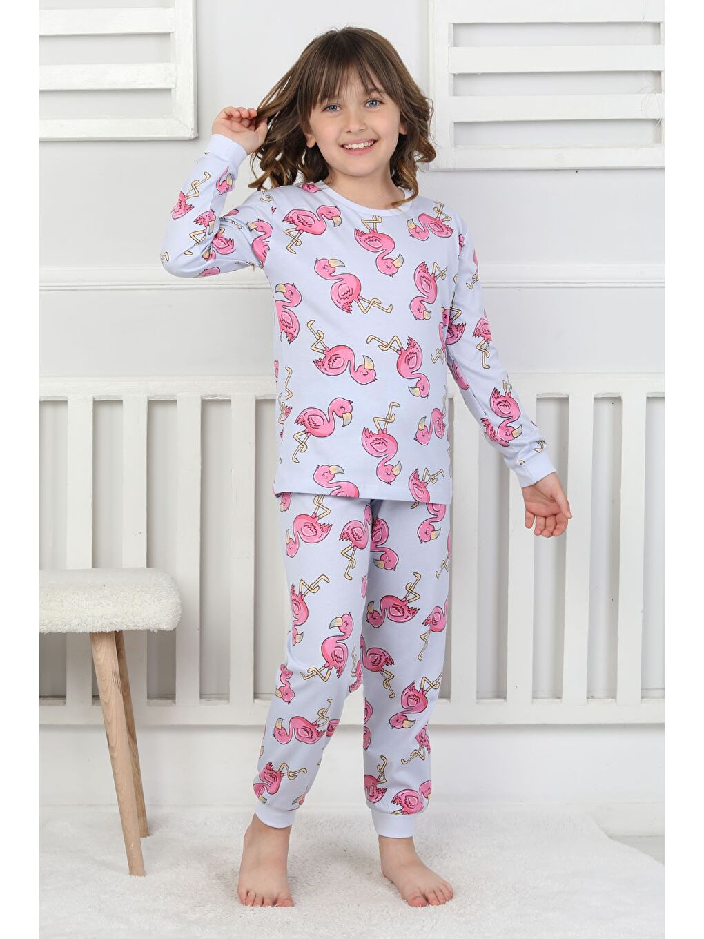 Mavi Cute Flamingo Desenli Kız Çocuk Pijama Takımı-4