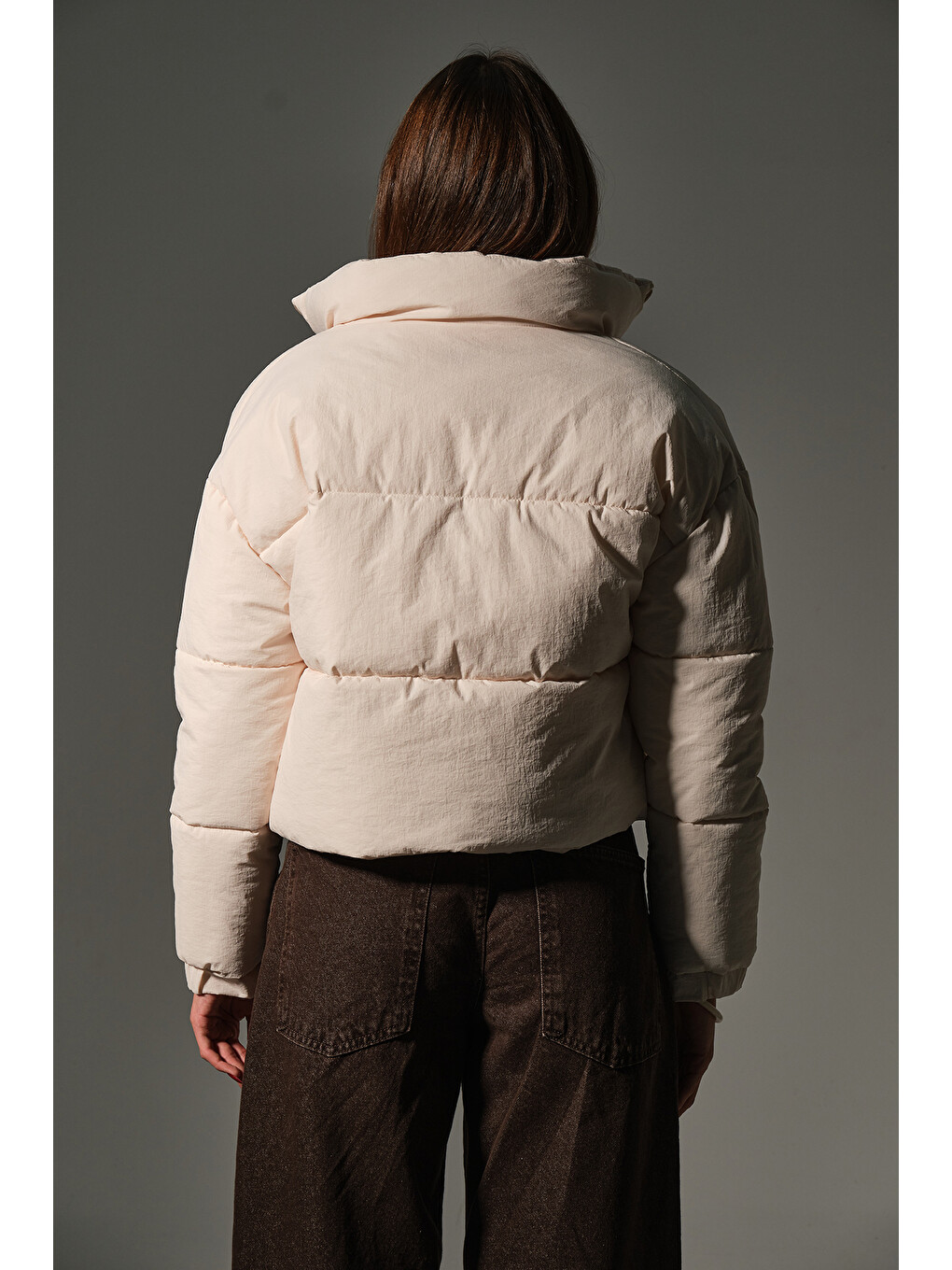 Bej Su itici kumaş, fermuarlı elyaf dolgu şişme crop kısa kadın mont @Aspen-4