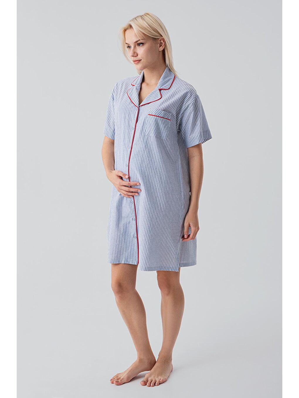Mavi Kısa Kollu Çizgili Düğmeli Dokuma %100 Pamuk Pamuk Gecelik 19108-3