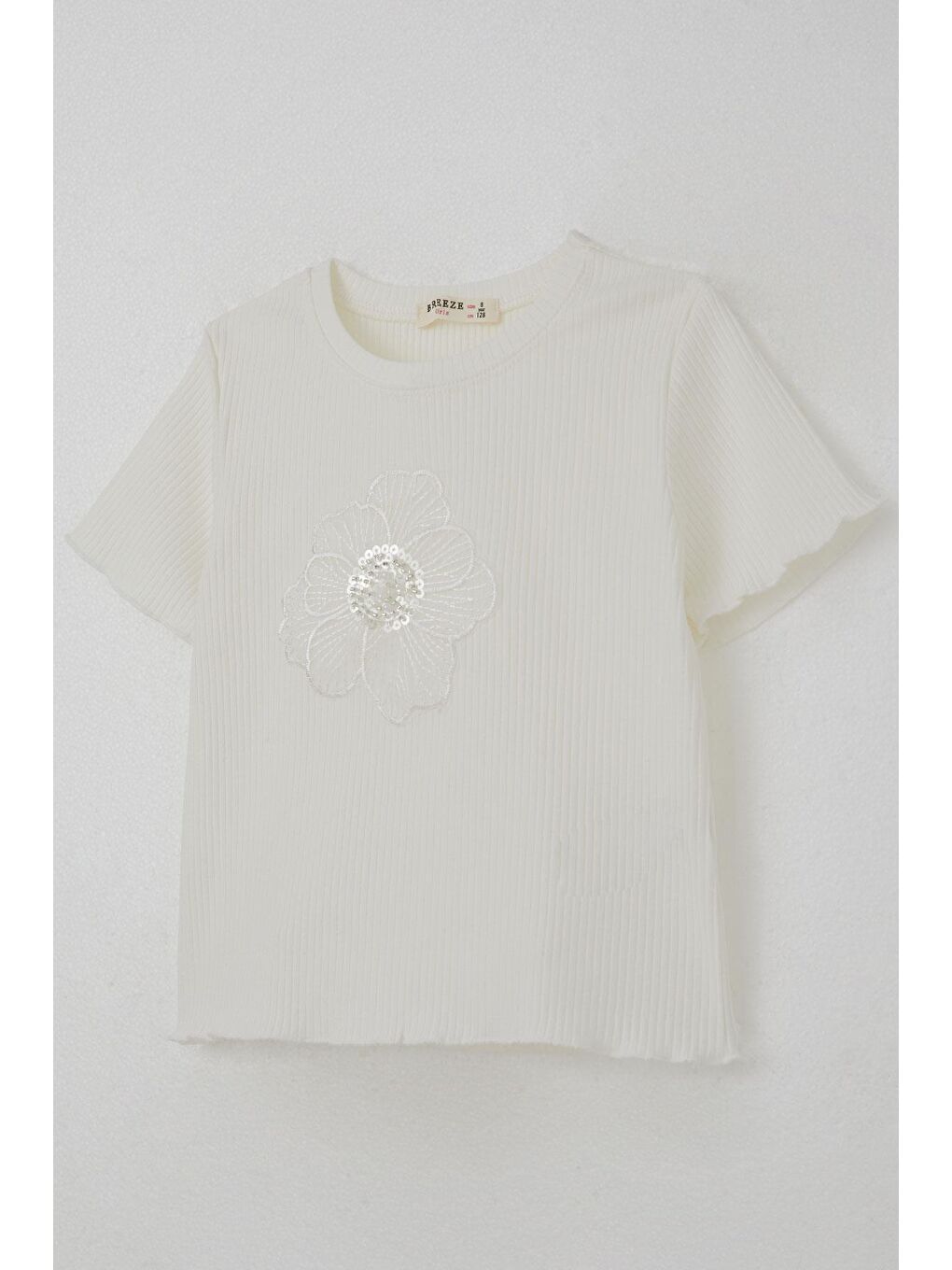 Kız Çocuk Tişört Tül Çiçek Armalı Boncuk Aksesuarlı Kemer Boy Ekru (9-14 Yaş)-5