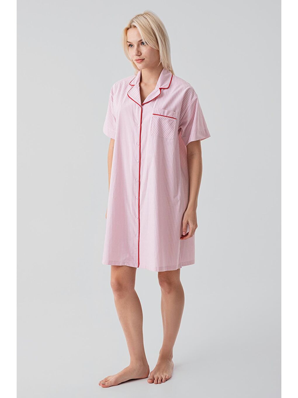 Pembe Kısa Kollu Çizgili Düğmeli Dokuma %100 Pamuk Pamuk Gecelik 19108-7