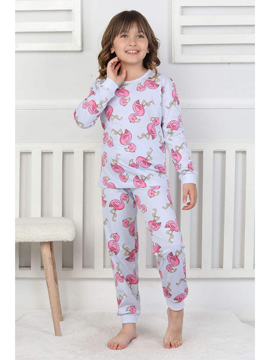 Mavi Cute Flamingo Desenli Kız Çocuk Pijama Takımı-5