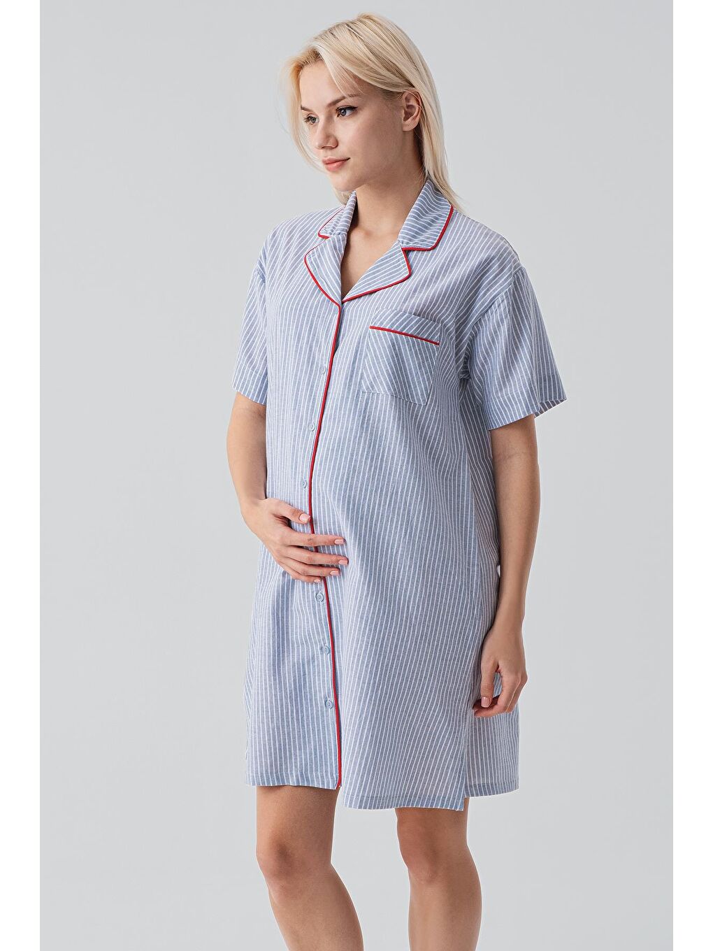 Mavi Kısa Kollu Çizgili Düğmeli Dokuma %100 Pamuk Pamuk Gecelik 19108-4