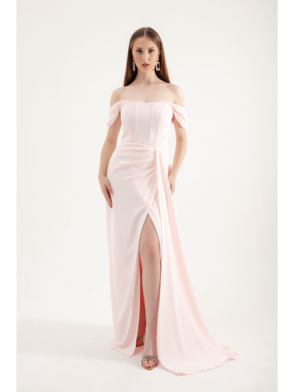 Pembe Kadın Pudra Balen Korse Detaylı Uzun Abiye Elbise-1
