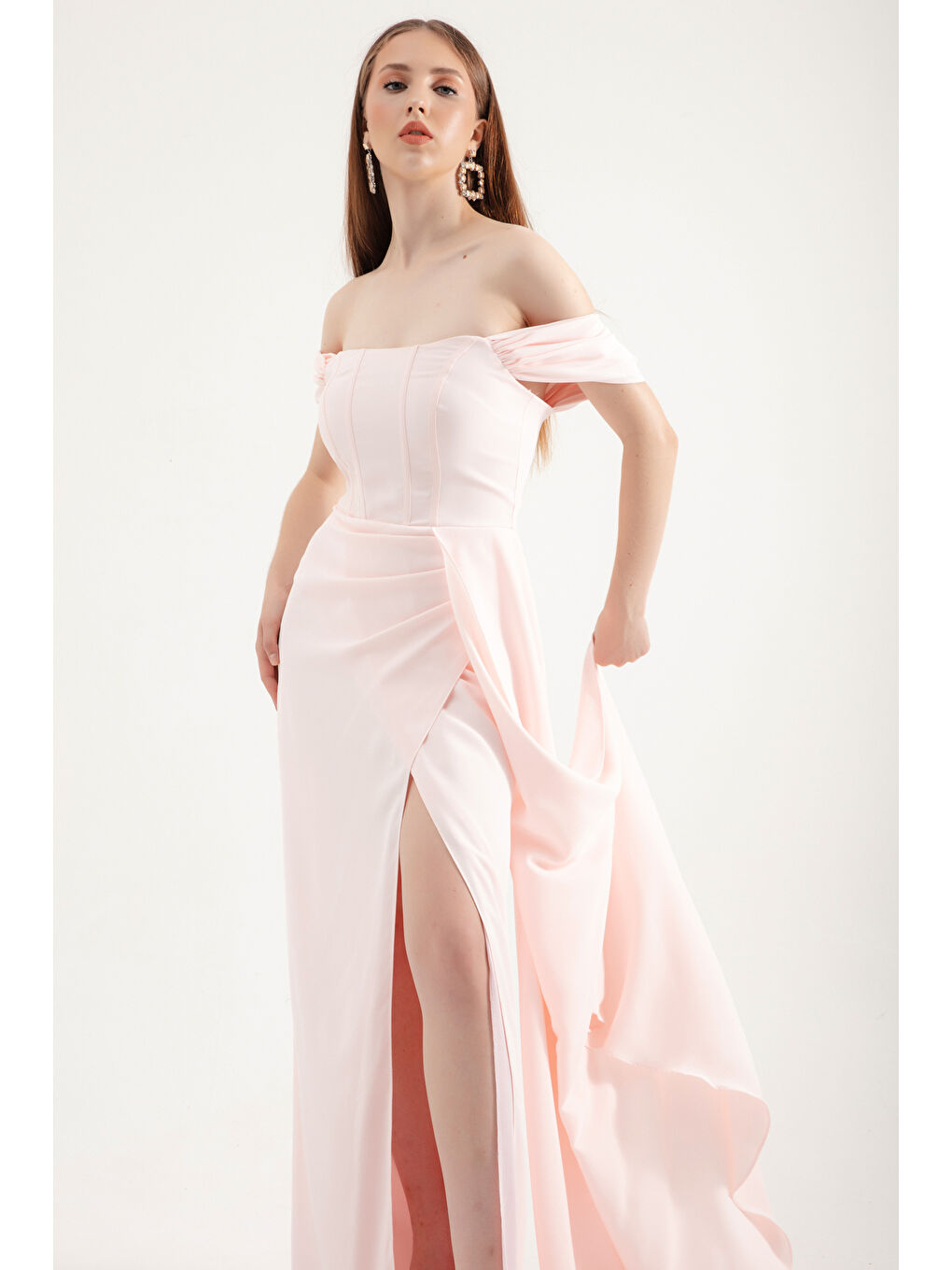 Pembe Kadın Pudra Balen Korse Detaylı Uzun Abiye Elbise-2