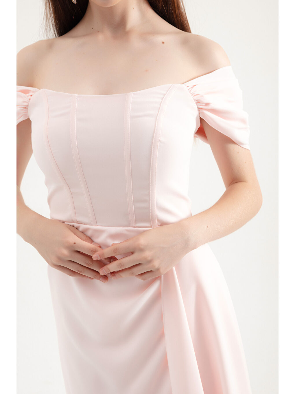 Pembe Kadın Pudra Balen Korse Detaylı Uzun Abiye Elbise-3
