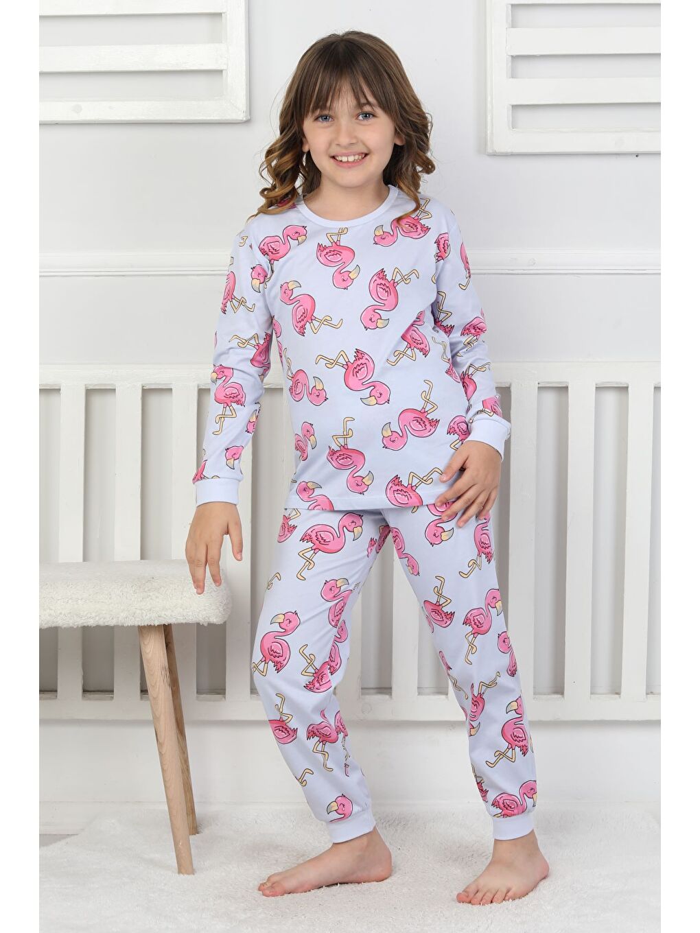 Mavi Cute Flamingo Desenli Kız Çocuk Pijama Takımı-6
