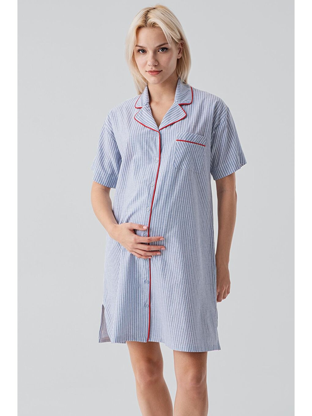 Mavi Kısa Kollu Çizgili Düğmeli Dokuma %100 Pamuk Pamuk Gecelik 19108-5