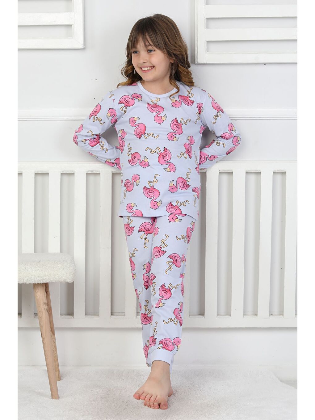 Mavi Cute Flamingo Desenli Kız Çocuk Pijama Takımı-7