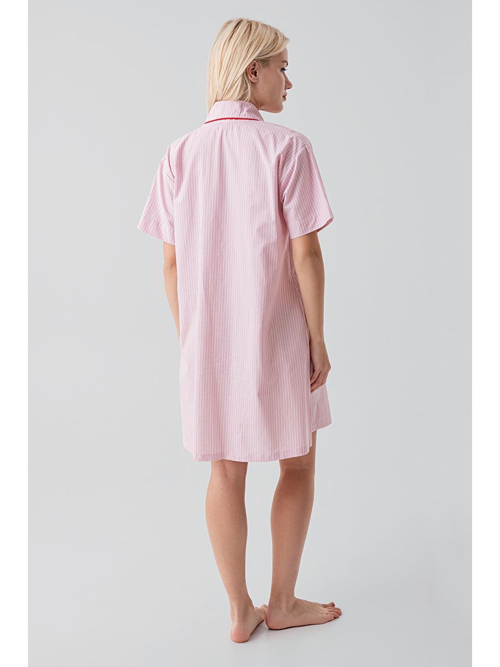 Pembe Kısa Kollu Çizgili Düğmeli Dokuma %100 Pamuk Pamuk Gecelik 19108-8