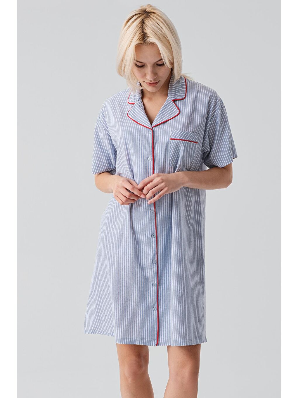 Mavi Kısa Kollu Çizgili Düğmeli Dokuma %100 Pamuk Pamuk Gecelik 19108-6