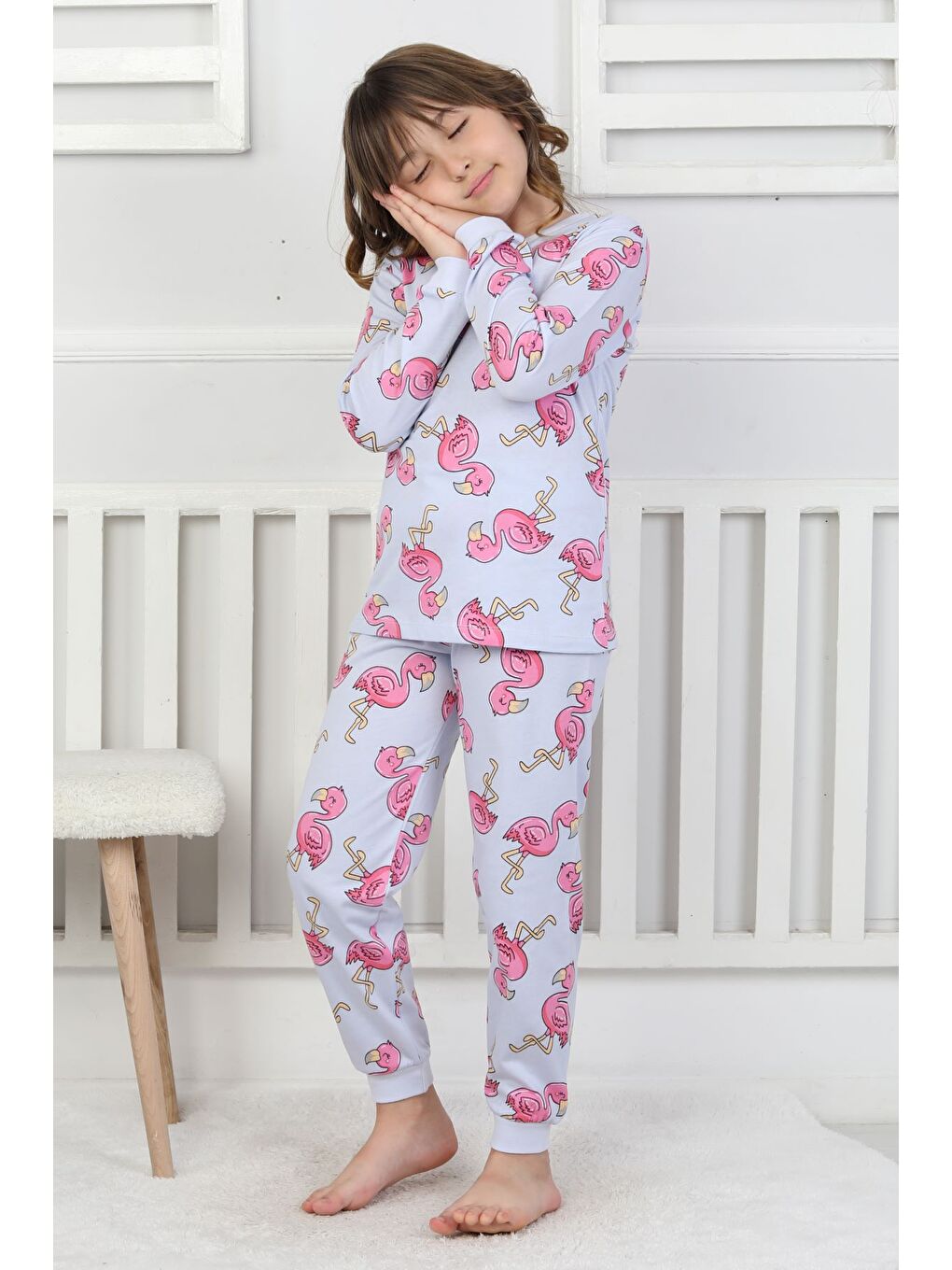 Mavi Cute Flamingo Desenli Kız Çocuk Pijama Takımı-8
