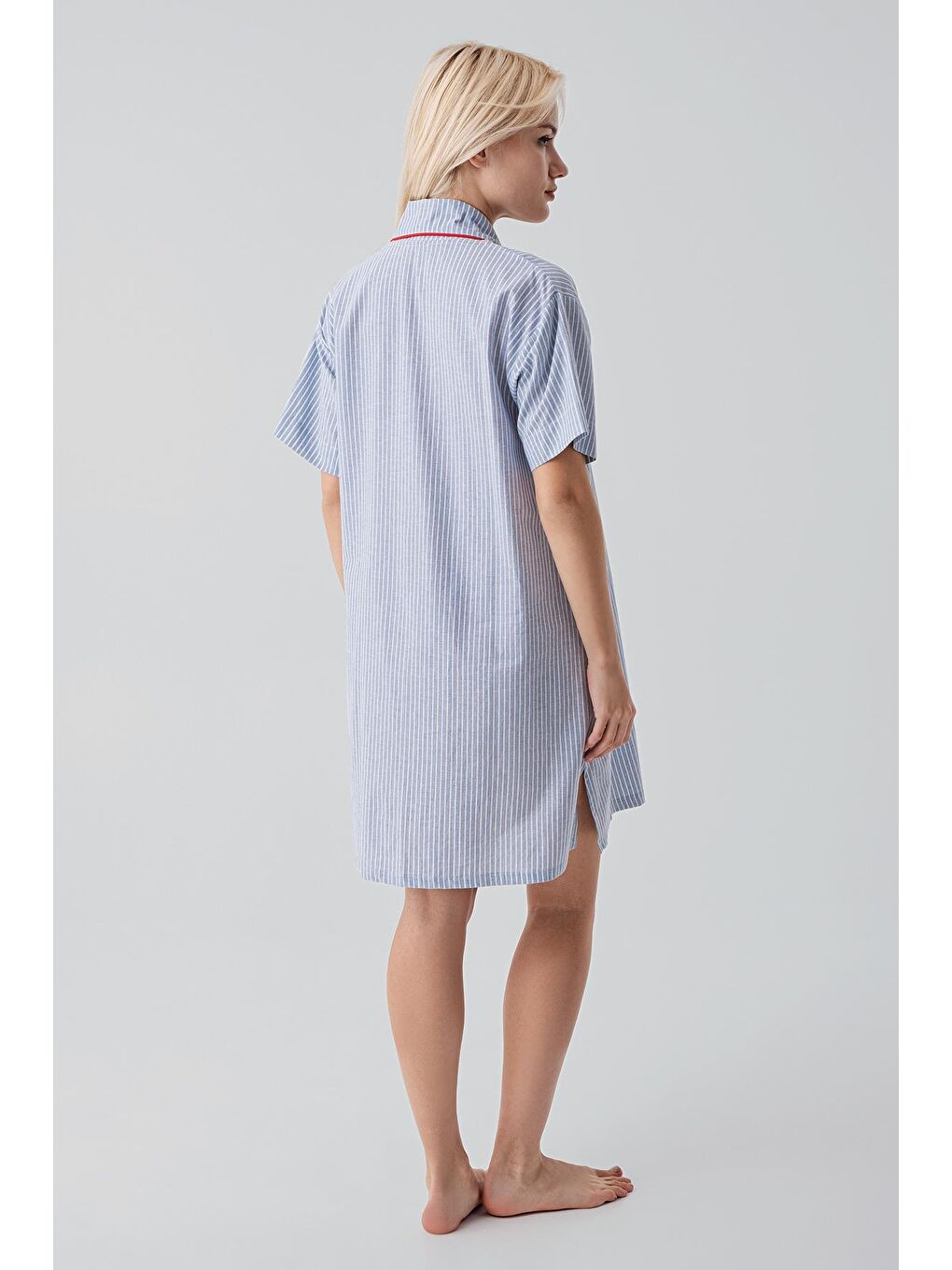 Mavi Kısa Kollu Çizgili Düğmeli Dokuma %100 Pamuk Pamuk Gecelik 19108-8