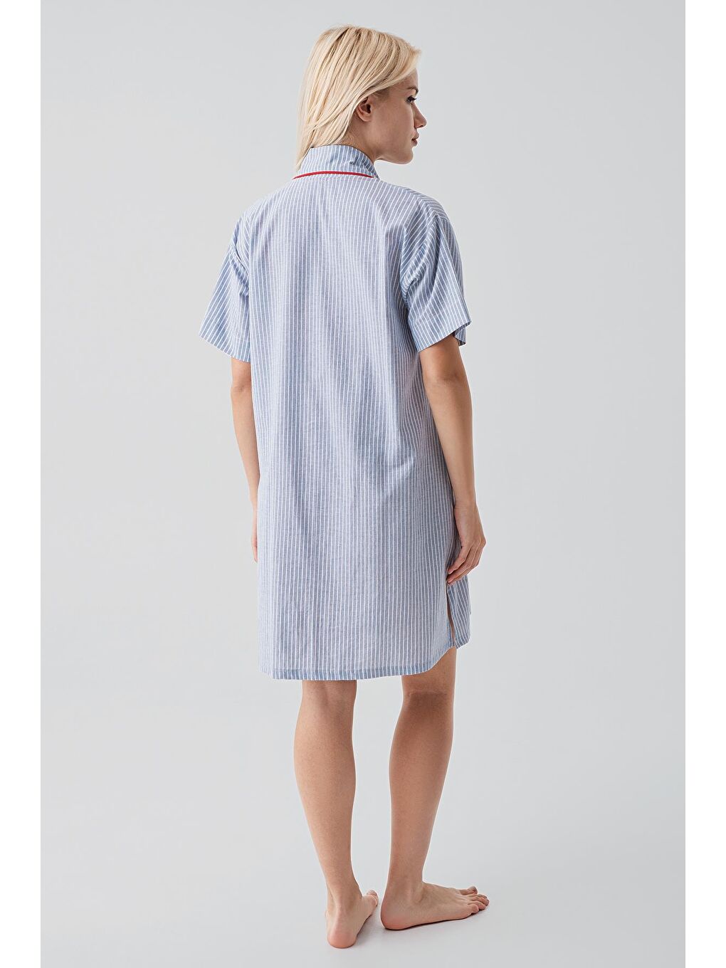 Mavi Kısa Kollu Çizgili Düğmeli Dokuma %100 Pamuk Pamuk Gecelik 19108-9