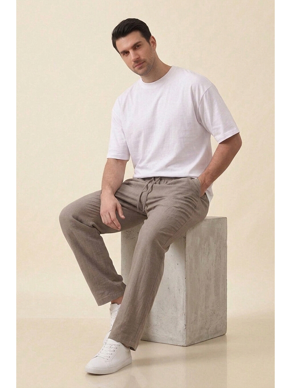 Bej Erkek Rahat Keten Pantolon 30118 - Vizon-1
