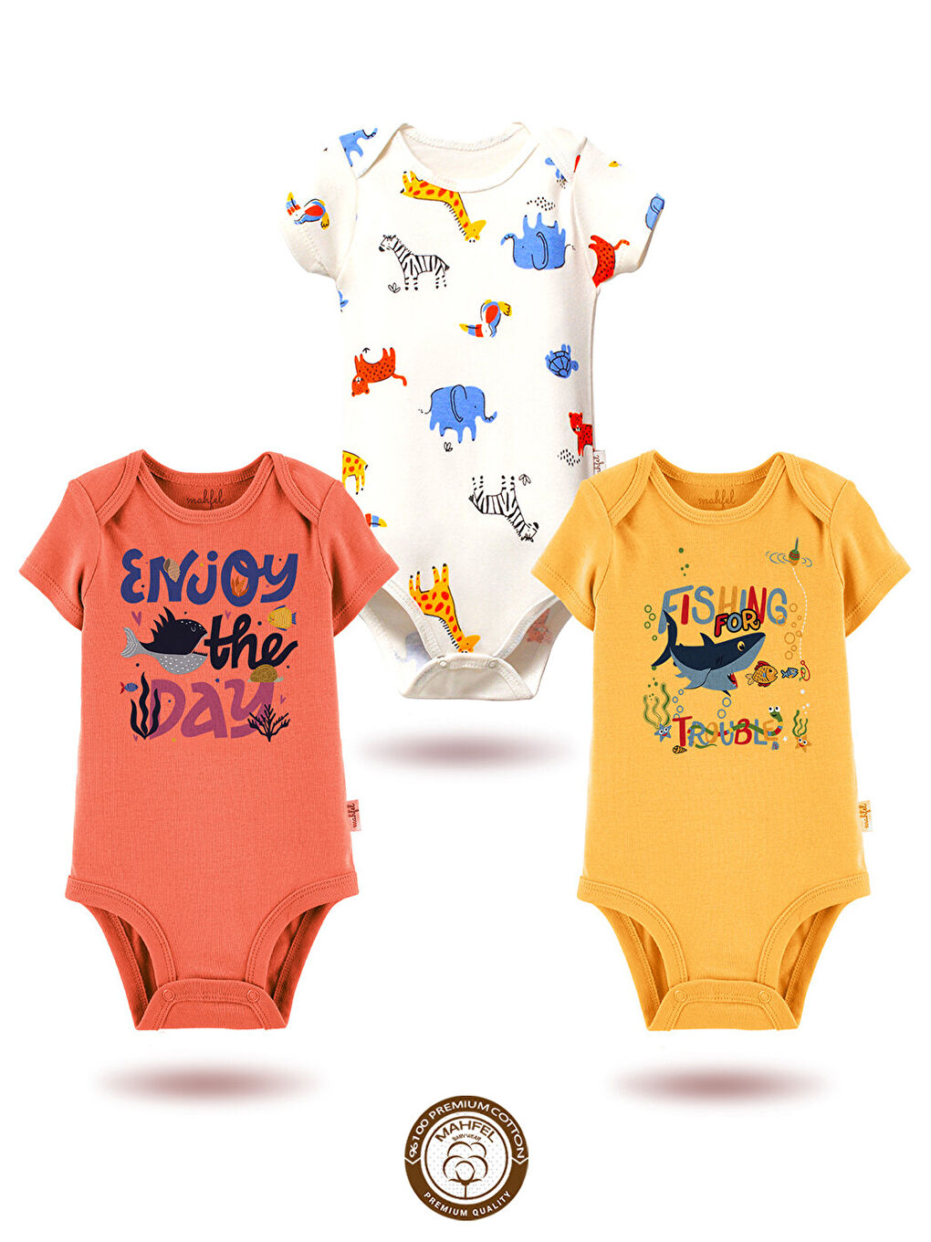 Gri 3'lü %100 Pamuklu Organik Baskılı Kısa Kollu Çıtçıtlı Bebek Body Zıbın 135-118