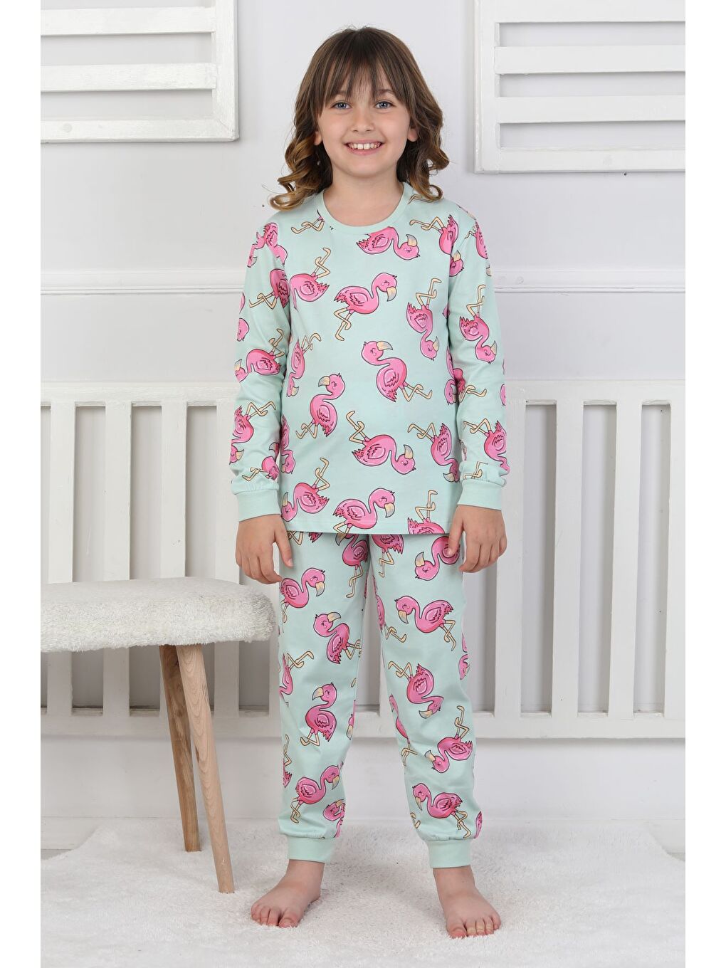Yeşil Cute Flamingo Desenli Kız Çocuk Pijama Takımı