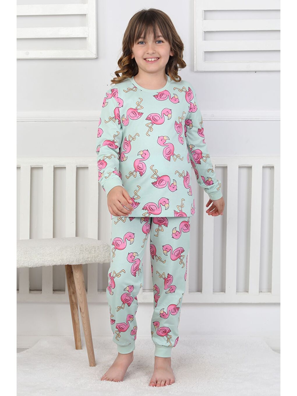Yeşil Cute Flamingo Desenli Kız Çocuk Pijama Takımı-2