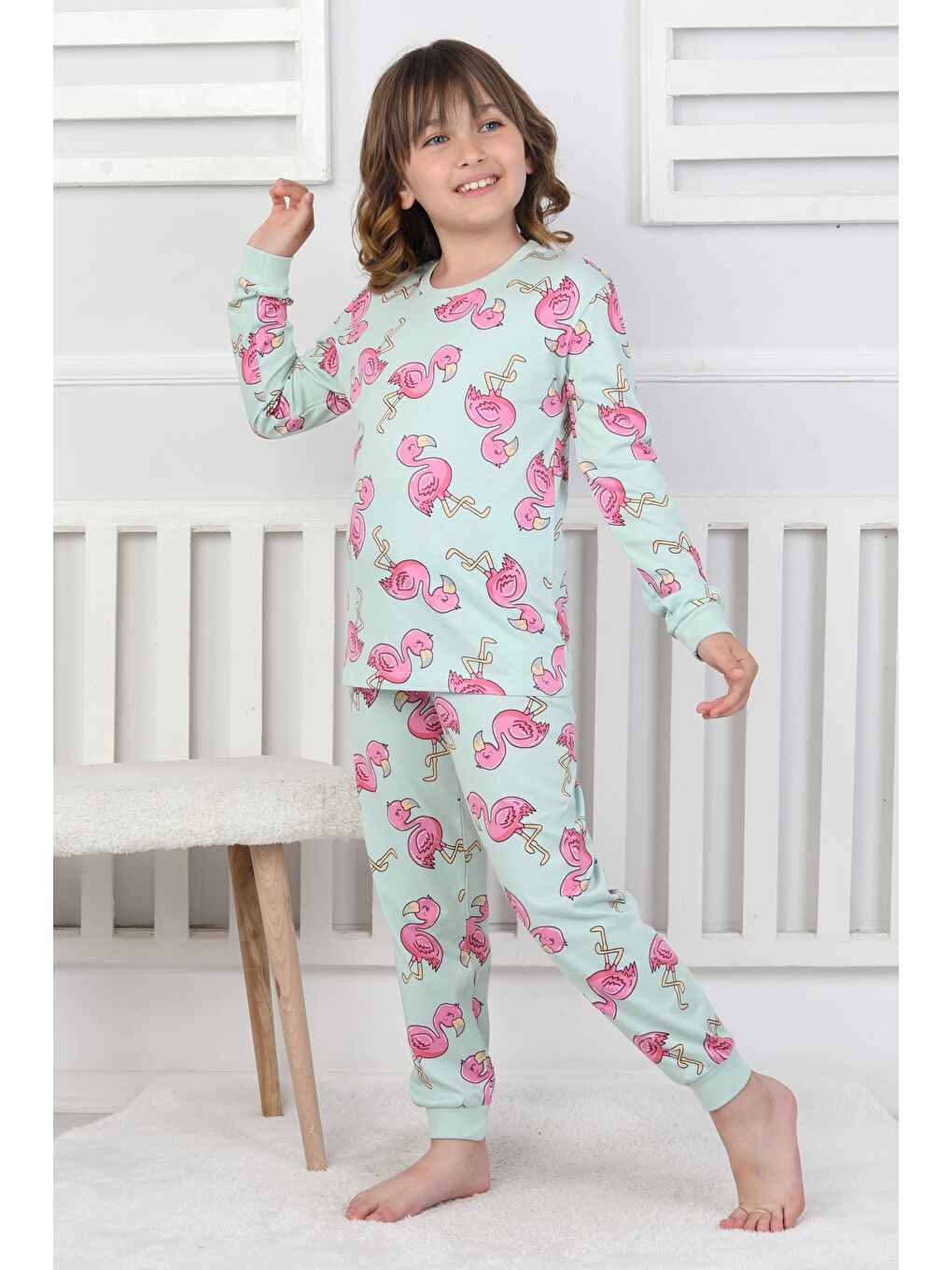 Yeşil Cute Flamingo Desenli Kız Çocuk Pijama Takımı-3
