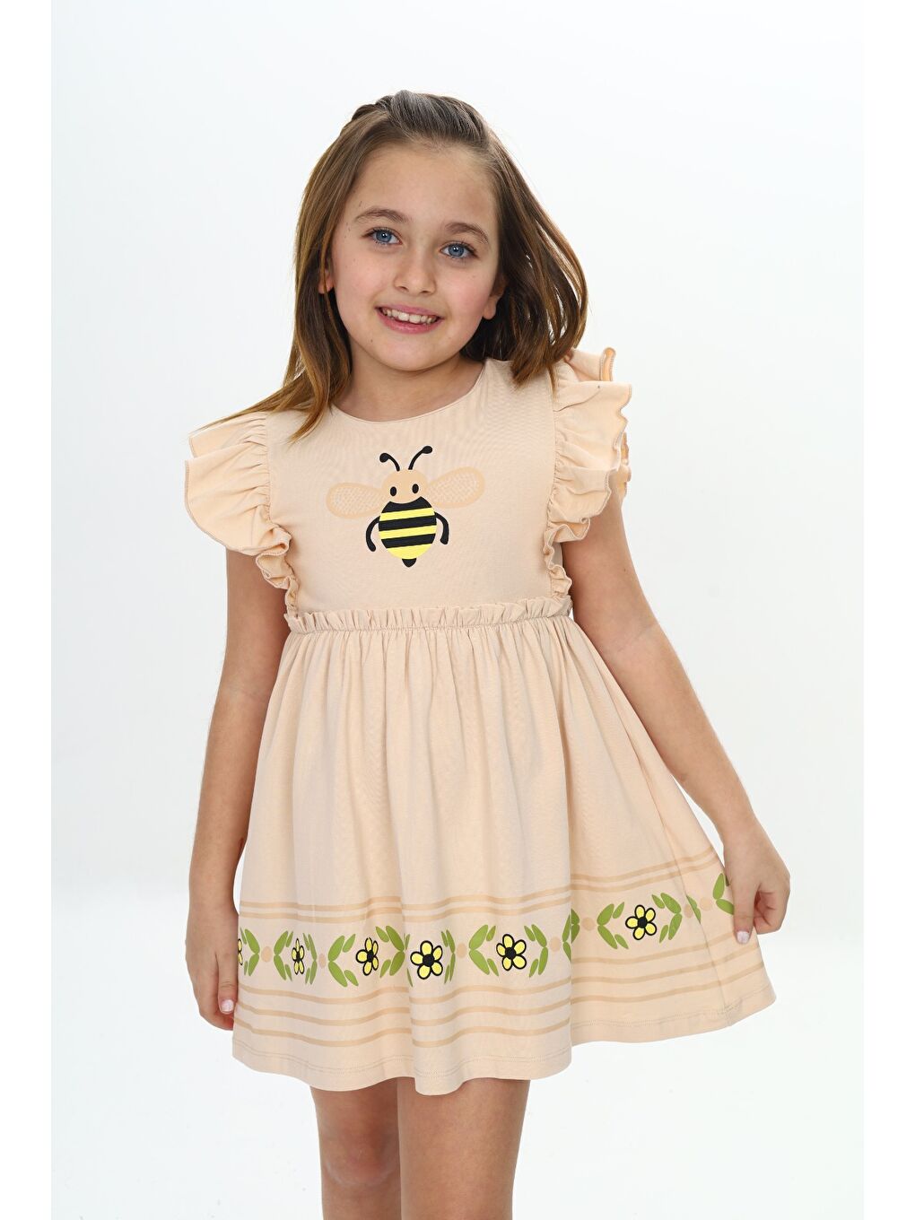 Bej Kız Çocuk Arı Baskılı Elbise