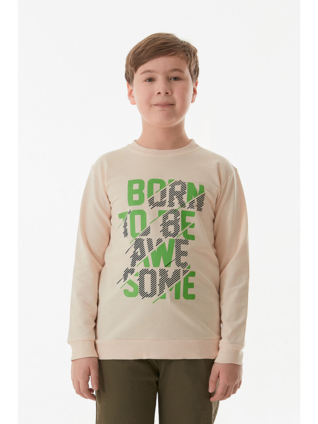 Bej Yazı Baskılı Bisiklet Yaka Erkek Çocuk Sweatshirt