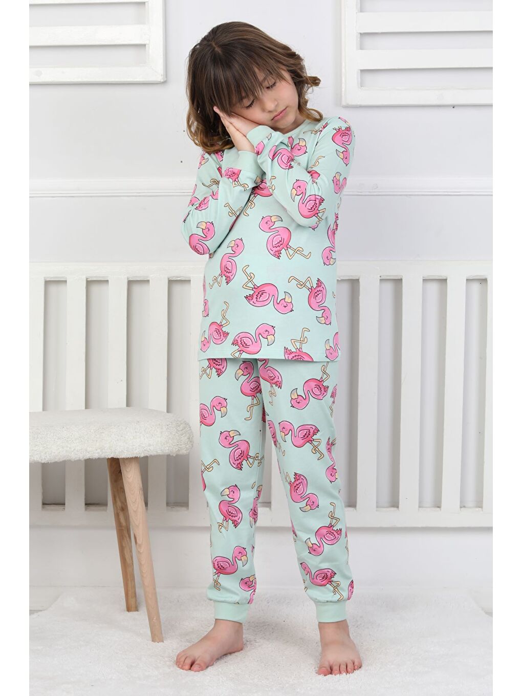 Yeşil Cute Flamingo Desenli Kız Çocuk Pijama Takımı-5