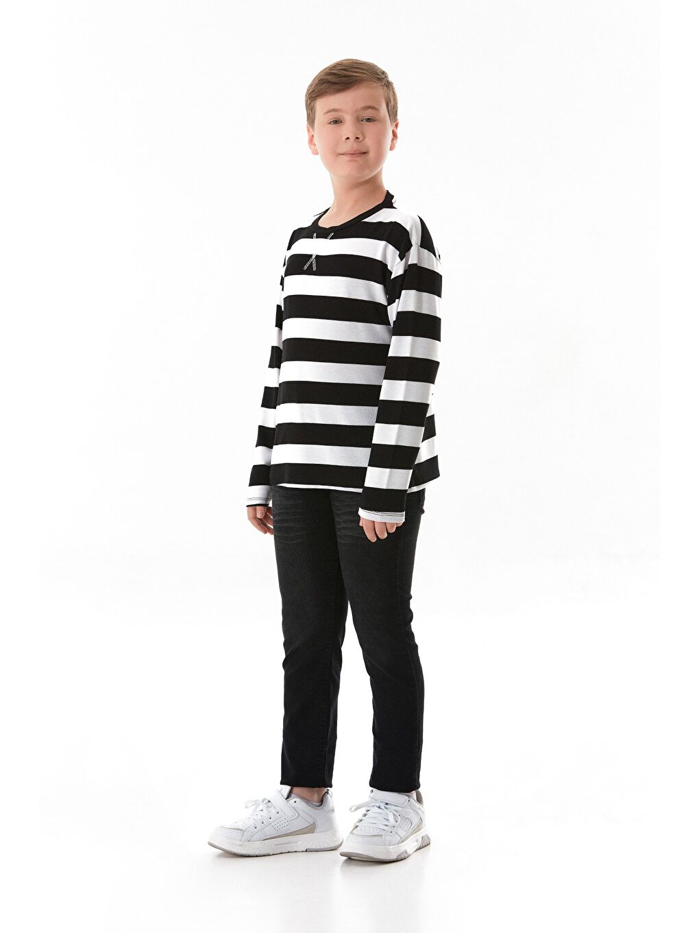 Siyah Şeritli Bisiklet Yaka Erkek Çocuk Sweatshirt-1