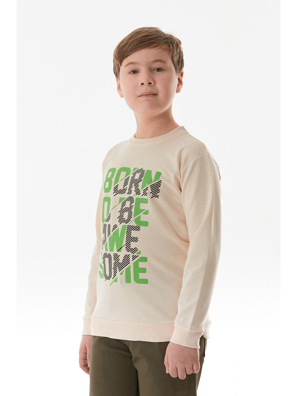 Bej Yazı Baskılı Bisiklet Yaka Erkek Çocuk Sweatshirt-1