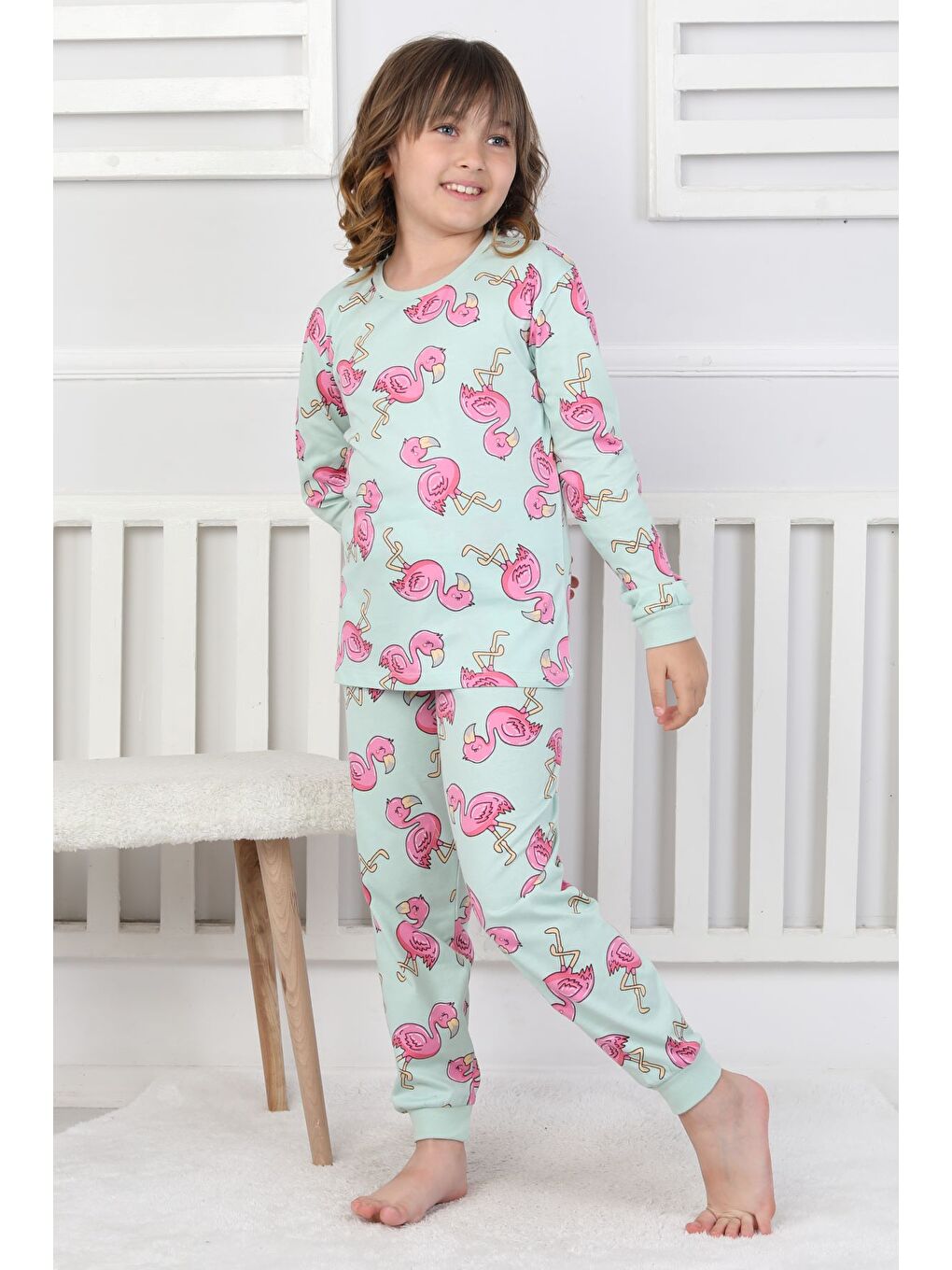 Yeşil Cute Flamingo Desenli Kız Çocuk Pijama Takımı-7