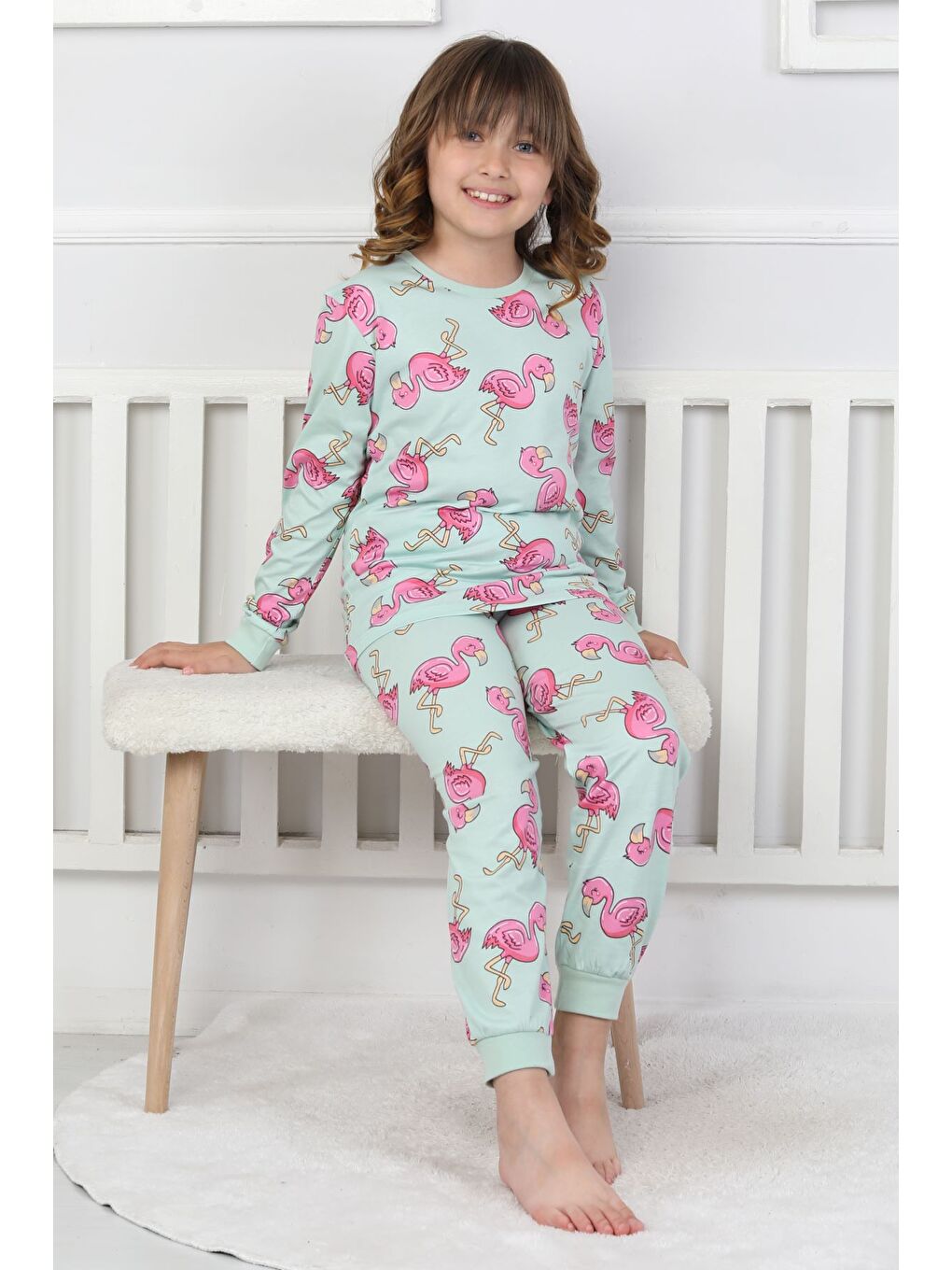 Yeşil Cute Flamingo Desenli Kız Çocuk Pijama Takımı-8