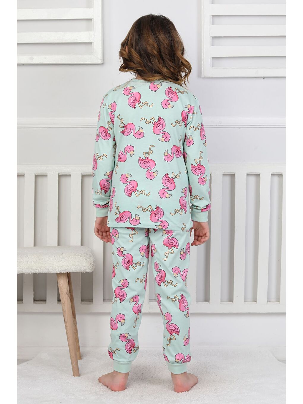 Yeşil Cute Flamingo Desenli Kız Çocuk Pijama Takımı-9