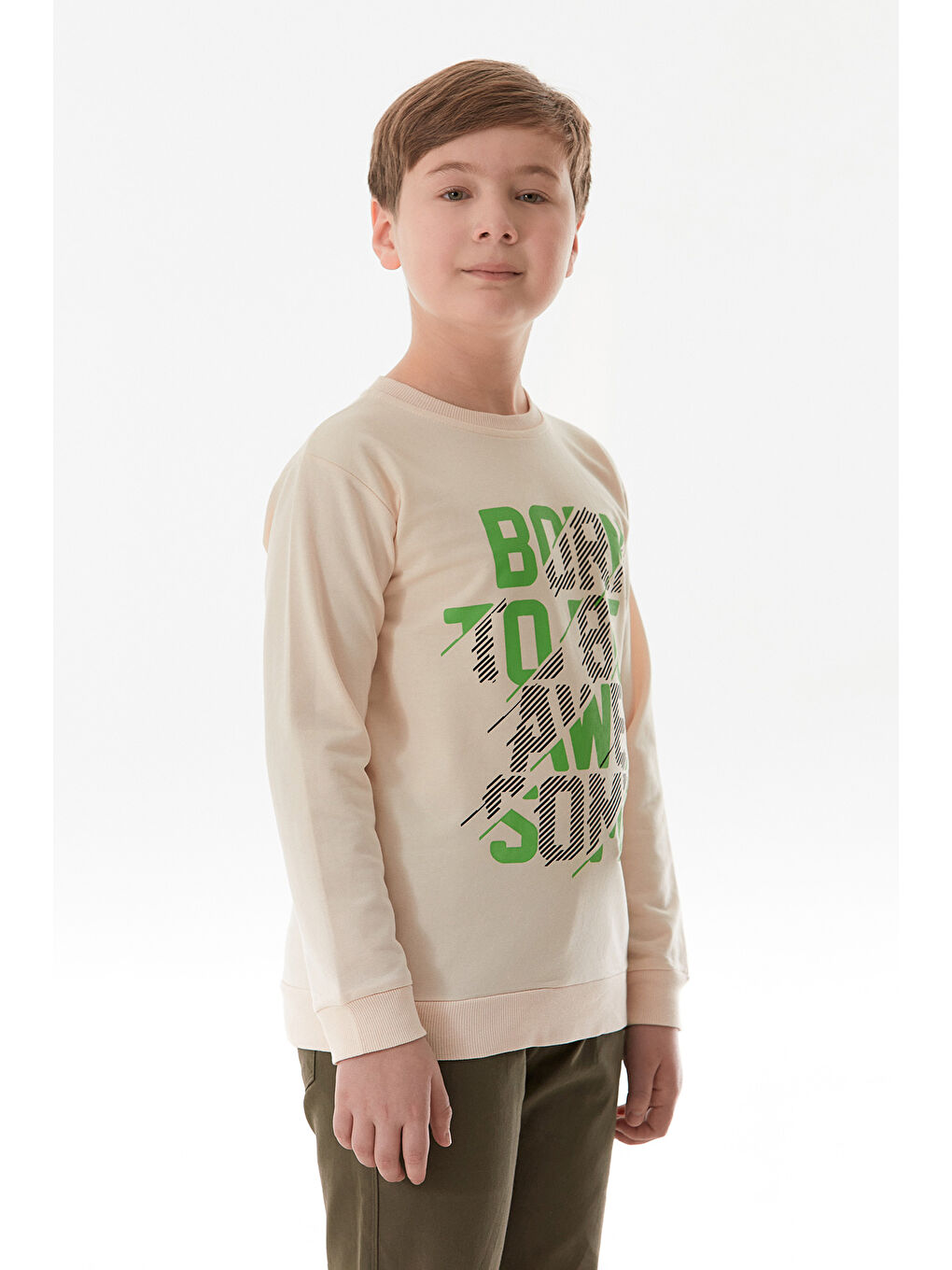 Bej Yazı Baskılı Bisiklet Yaka Erkek Çocuk Sweatshirt-3