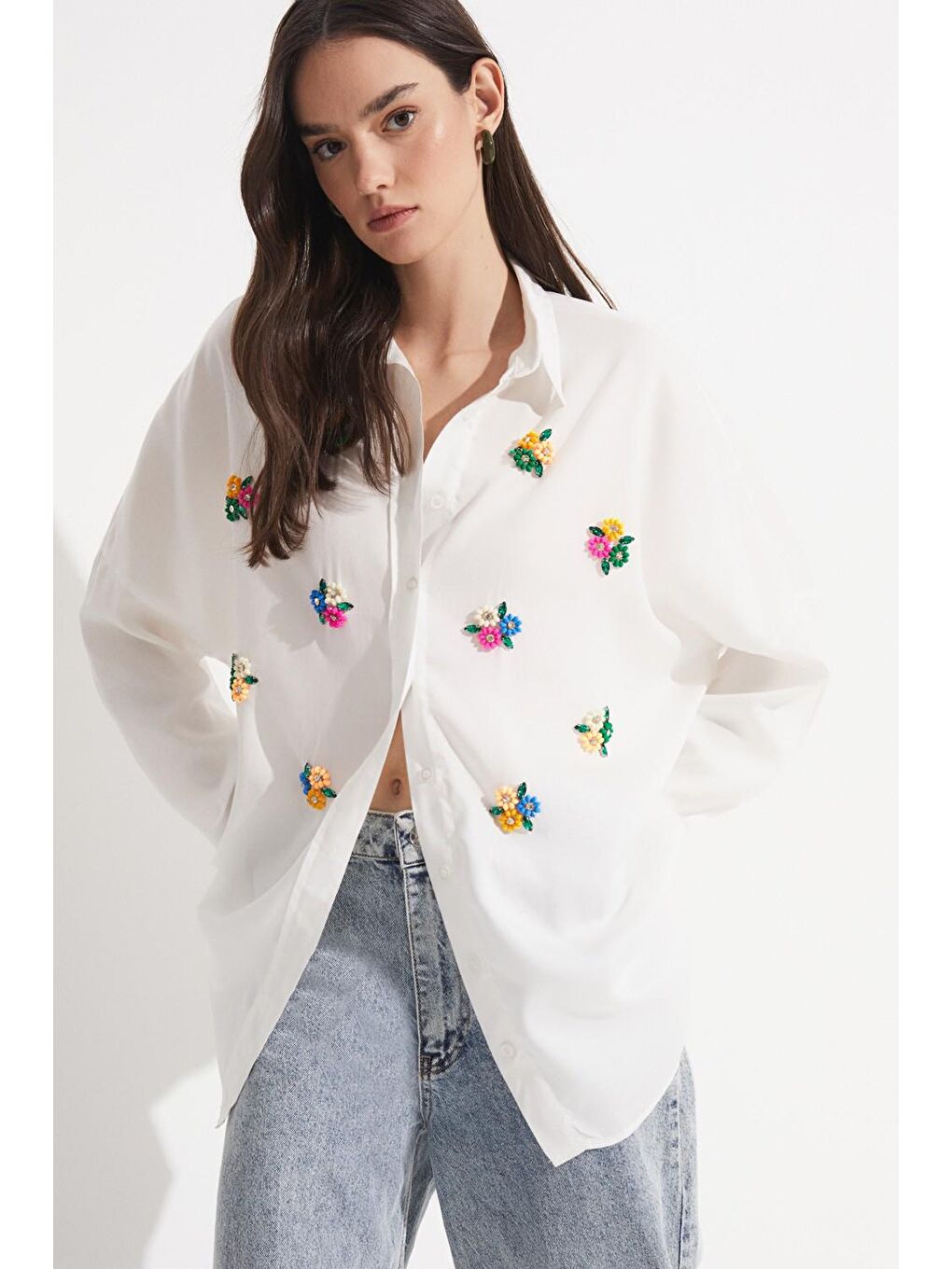 June Ekru Exclusive Taş Detaylı %100 Gömlek